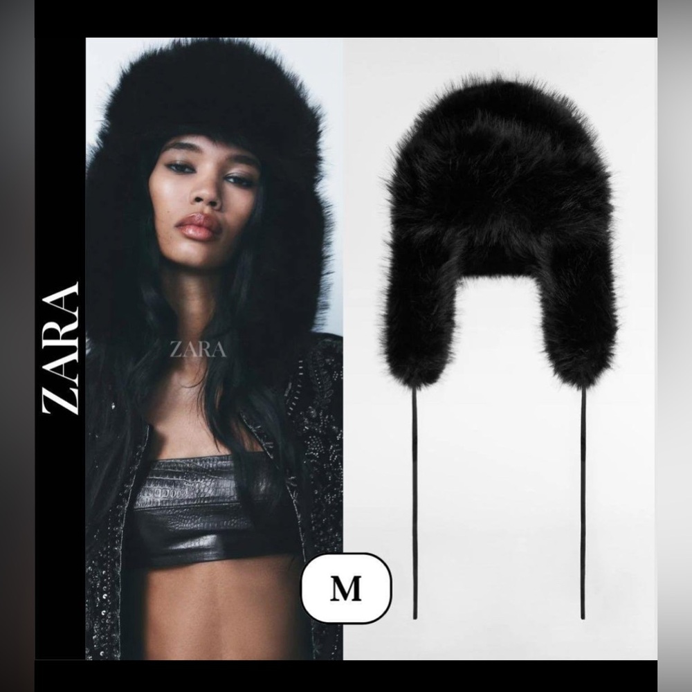 Zara black faux fur hat medium size